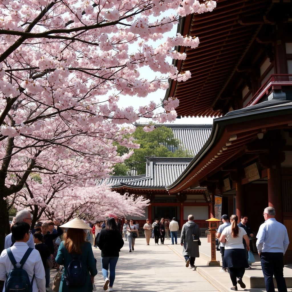 Traditional Japanese temple with cherry blossoms and visitors participating in cultural ceremonies