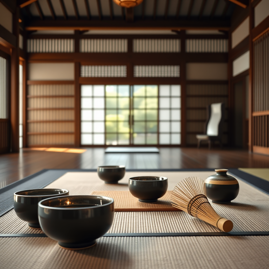 Elegant Japanese tea ceremony setup with traditional matcha bowls, bamboo whisk, and tatami mat in a serene temple setting with soft natural lighting