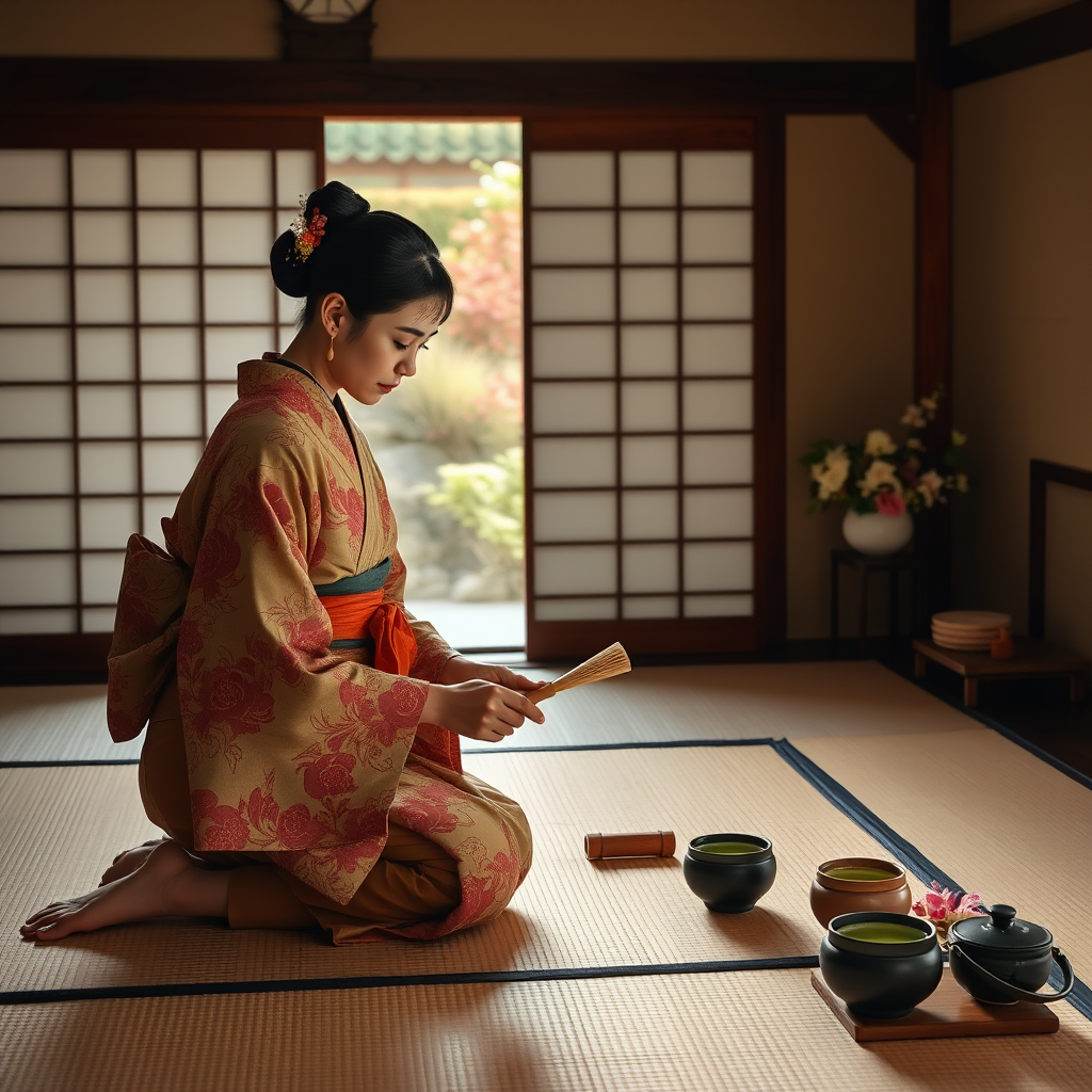 Traditional Japanese tea ceremony master in elegant kimono kneeling on tatami mats, carefully preparing matcha tea with bamboo whisk in serene traditional room with sliding paper doors and seasonal flowers