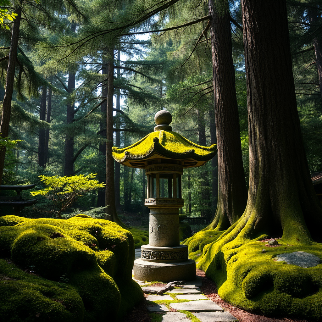 Ancient moss-covered stone lantern surrounded by lush green moss and towering cedar trees in a peaceful temple garden with dappled sunlight filtering through the canopy