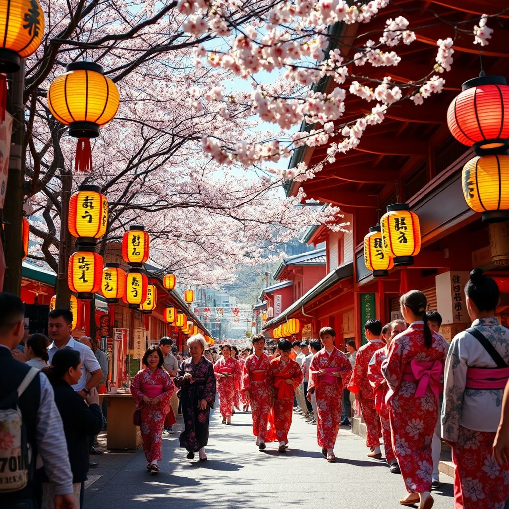 Vibrant Japanese matsuri festival scene with colorful lanterns, traditional dancers in yukatas, and cherry blossoms in the background during spring celebration