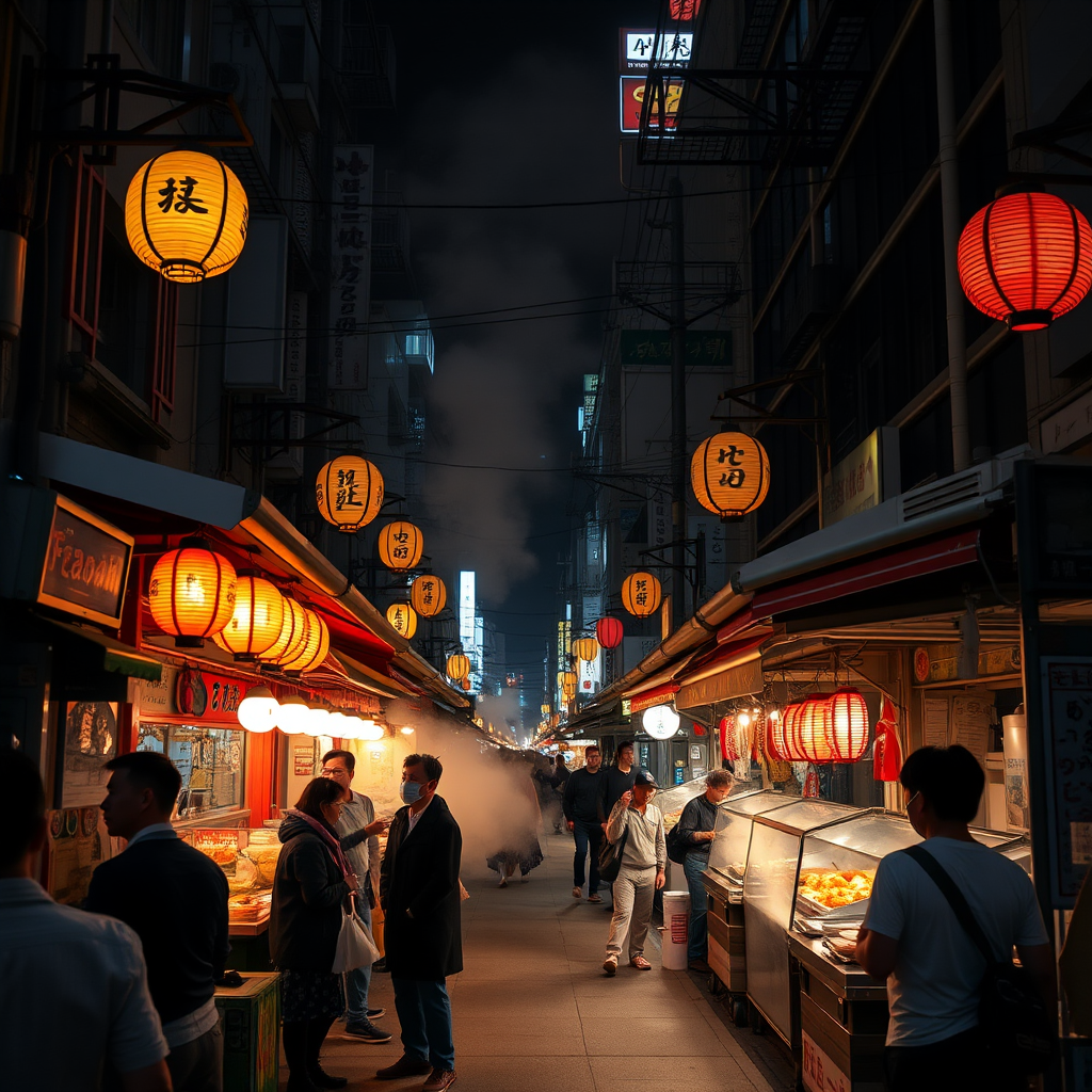 Vibrant Tokyo street food market scene at night with traditional lanterns illuminating food stalls, steam rising from cooking areas, and people enjoying authentic Japanese street food