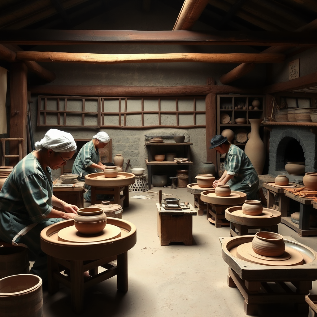 Traditional Japanese pottery workshop showing artisans working at pottery wheels in a historic kiln setting with clay vessels and traditional tools