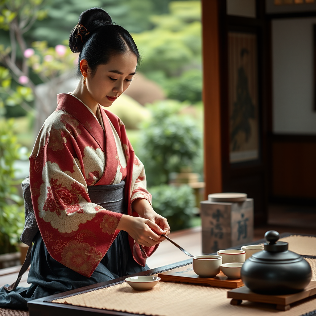 Traditional Japanese tea master in kimono performing tea ceremony with authentic utensils and serene garden background