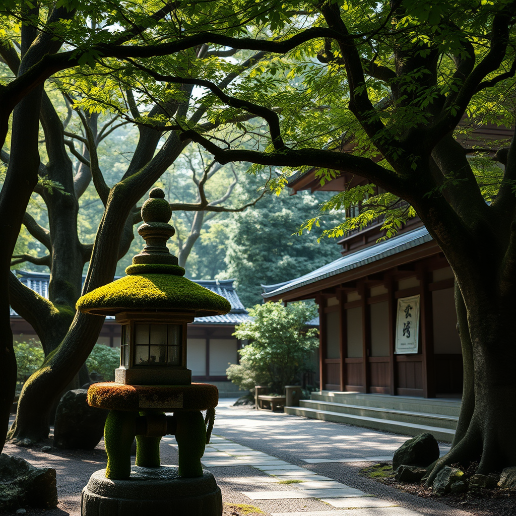 Moss-covered stone lantern in a secluded Kyoto temple garden surrounded by ancient trees and traditional architecture with dappled sunlight filtering through leaves