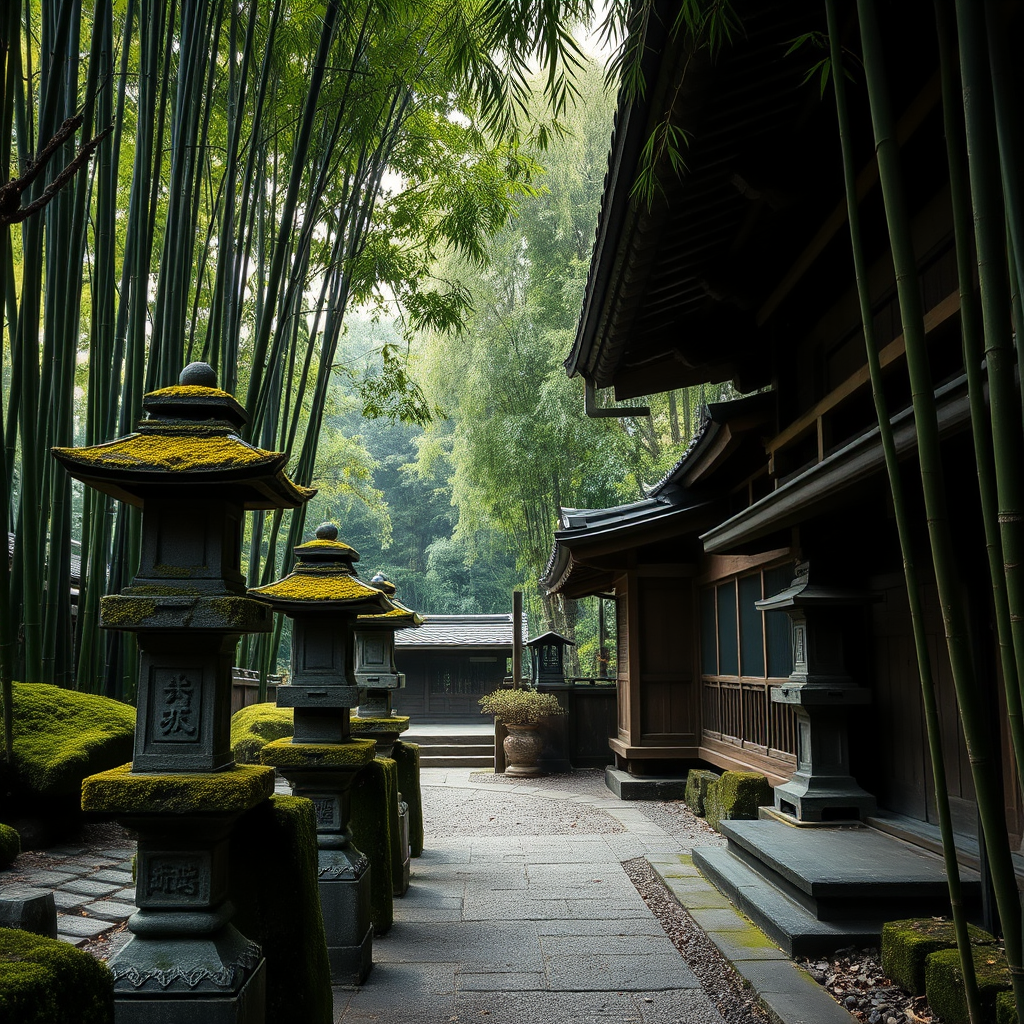 Peaceful hidden temple in Kyoto with moss-covered stone lanterns, ancient wooden structures, and lush bamboo forest creating a mystical atmosphere