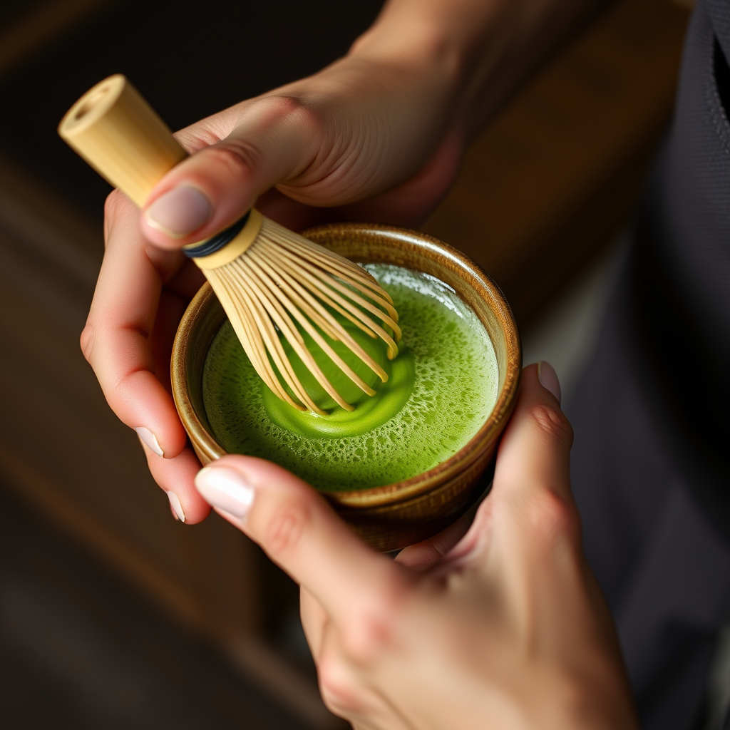 Close-up view of skilled hands using traditional bamboo chasen whisk to prepare vibrant green matcha tea in handcrafted ceramic tea bowl, showing the precise circular motions and frothy texture