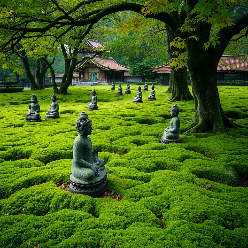 Vibrant emerald moss covering the entire temple grounds like a soft carpet, with weathered stone Buddhist statues emerging from the green landscape under towering maple trees