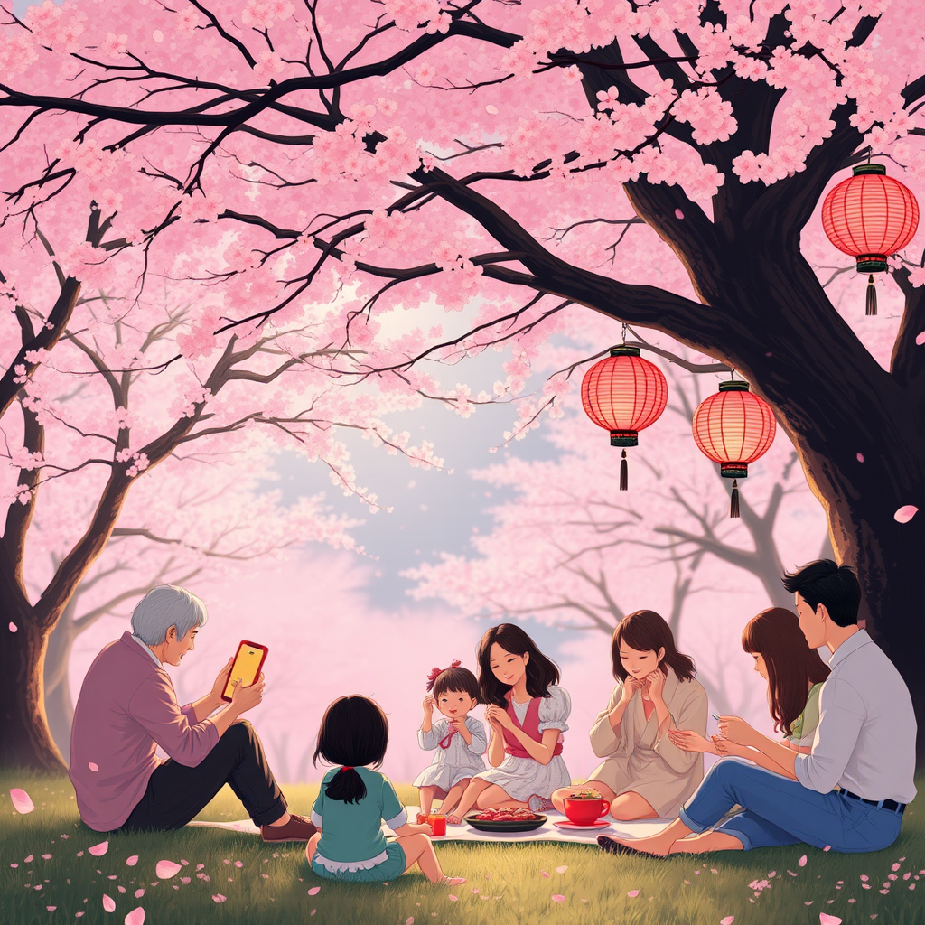 Families enjoying hanami picnic under blooming cherry blossom trees with pink petals falling, traditional Japanese lanterns hanging from branches