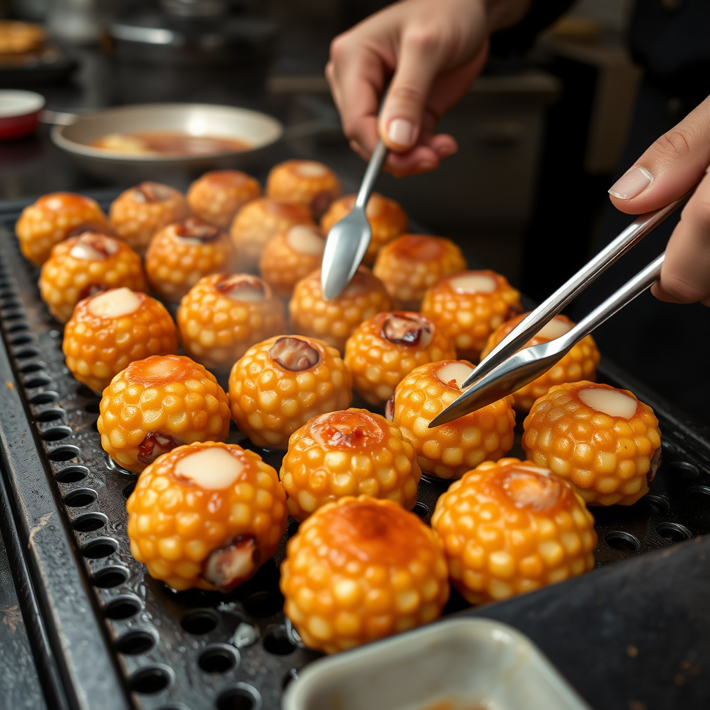 Close-up of takoyaki octopus balls being expertly prepared on a traditional griddle, showing the golden-brown spheres with visible octopus pieces and a chef using specialized picks