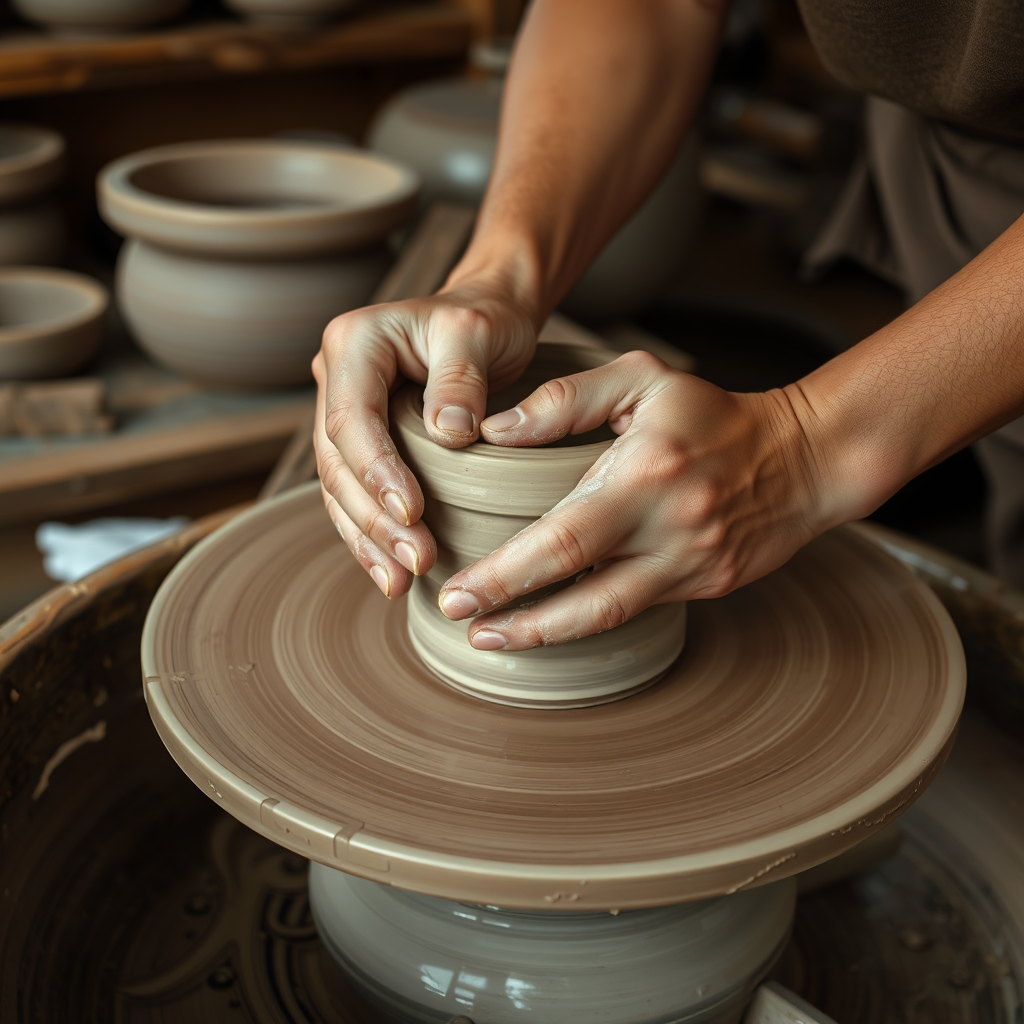 Close-up of hands shaping clay on a traditional pottery wheel in a Japanese ceramic workshop with natural lighting