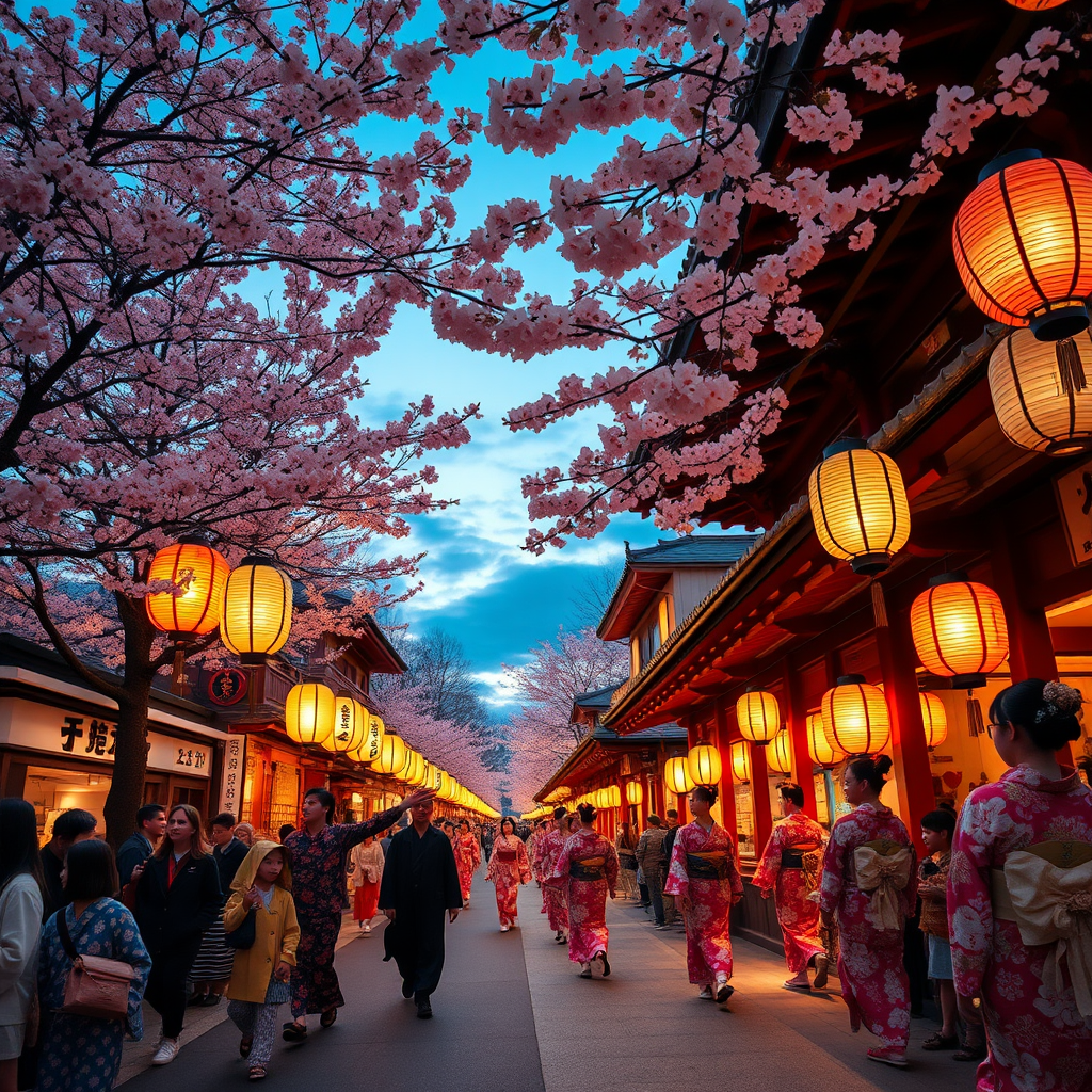Vibrant Japanese matsuri festival scene with colorful paper lanterns, traditional dancers in yukata, and cherry blossoms creating a festive atmosphere under evening sky