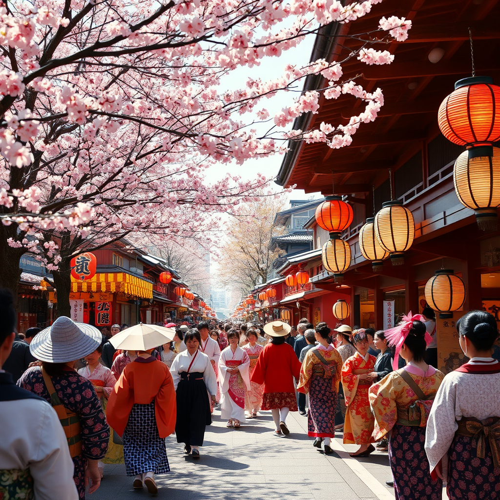 Vibrant Japanese matsuri festival scene with colorful traditional costumes, paper lanterns, cherry blossoms, and people celebrating in traditional dress