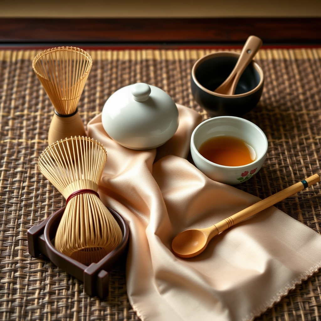 Elegant arrangement of traditional Japanese tea ceremony utensils including bamboo whisk, tea scoop, ceramic bowls, and silk fukusa cloth displayed on woven tatami mat