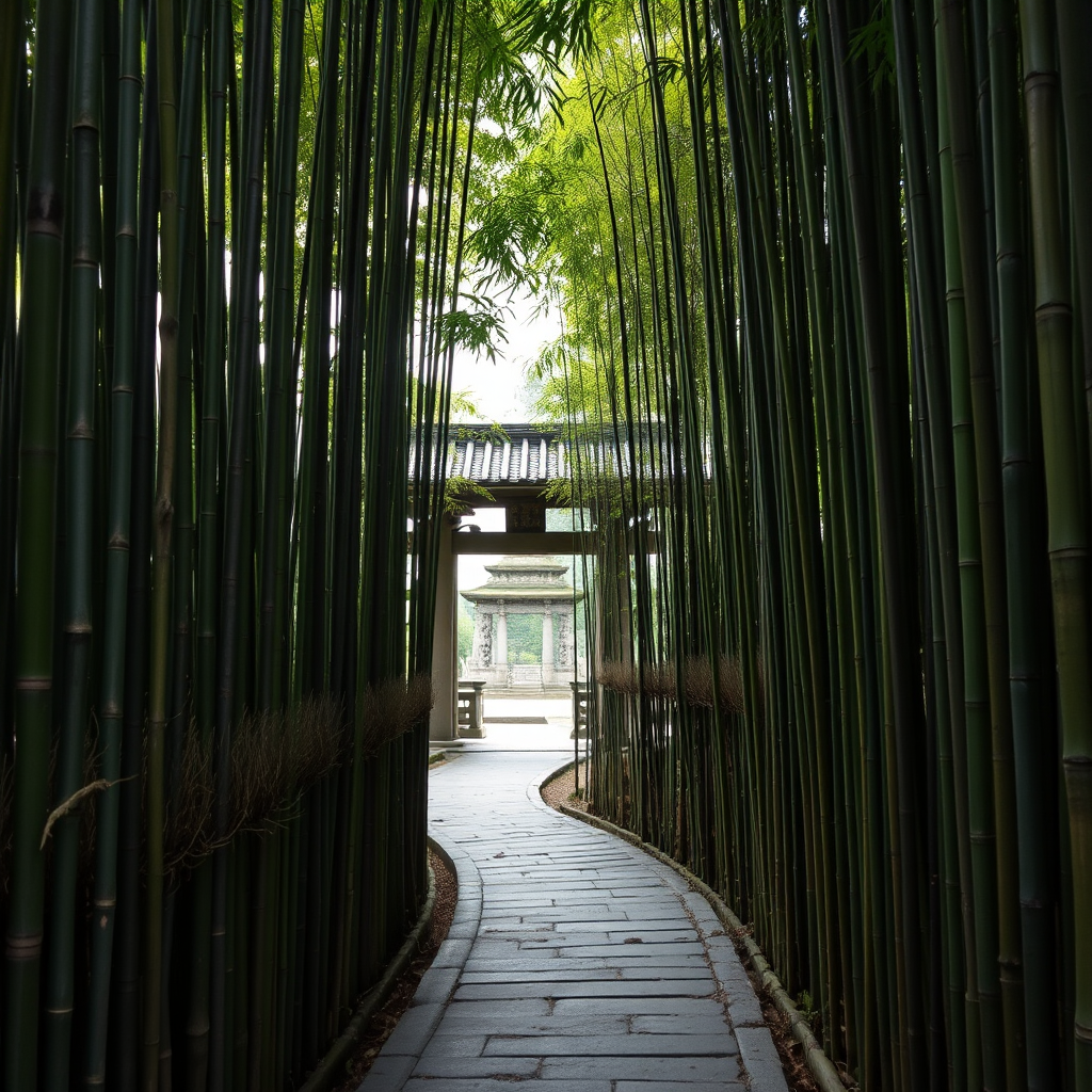 Narrow stone path winding through a dense bamboo forest with tall green bamboo stalks creating natural walls, leading to a traditional temple gate with ancient stone monuments visible in the background