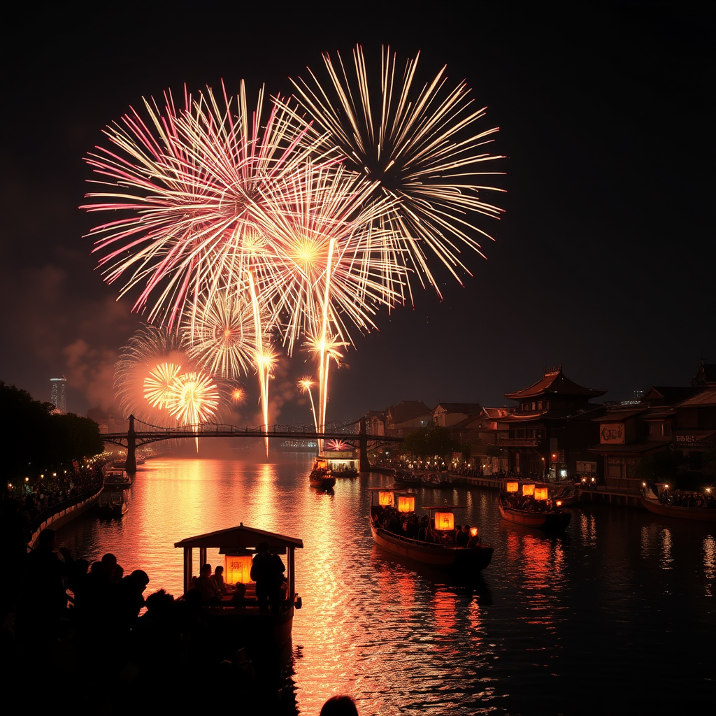 Spectacular fireworks display over Japanese river with traditional wooden boats carrying lanterns, silhouettes of people watching from riverbank