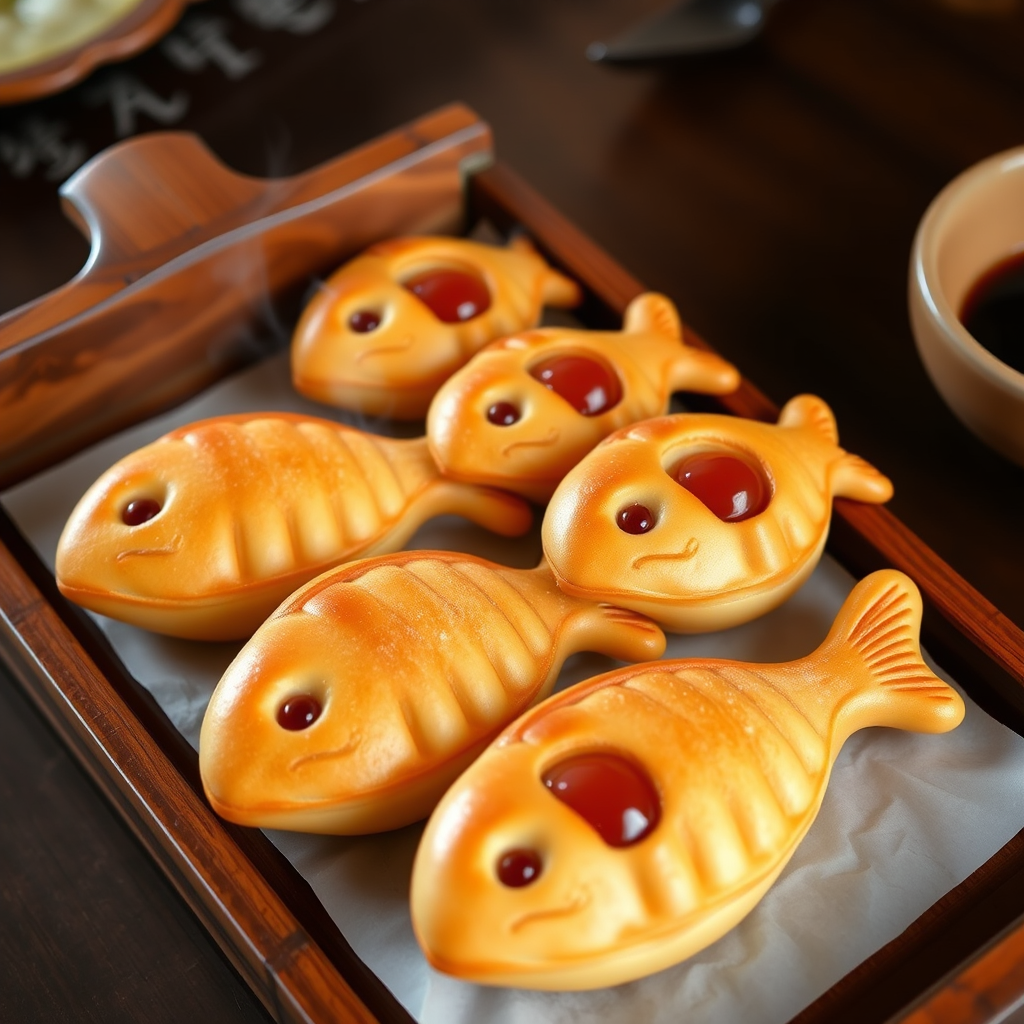 Fresh taiyaki fish-shaped pastries with golden-brown exterior, filled with sweet red bean paste, arranged on a traditional wooden serving tray with steam indicating they are freshly made