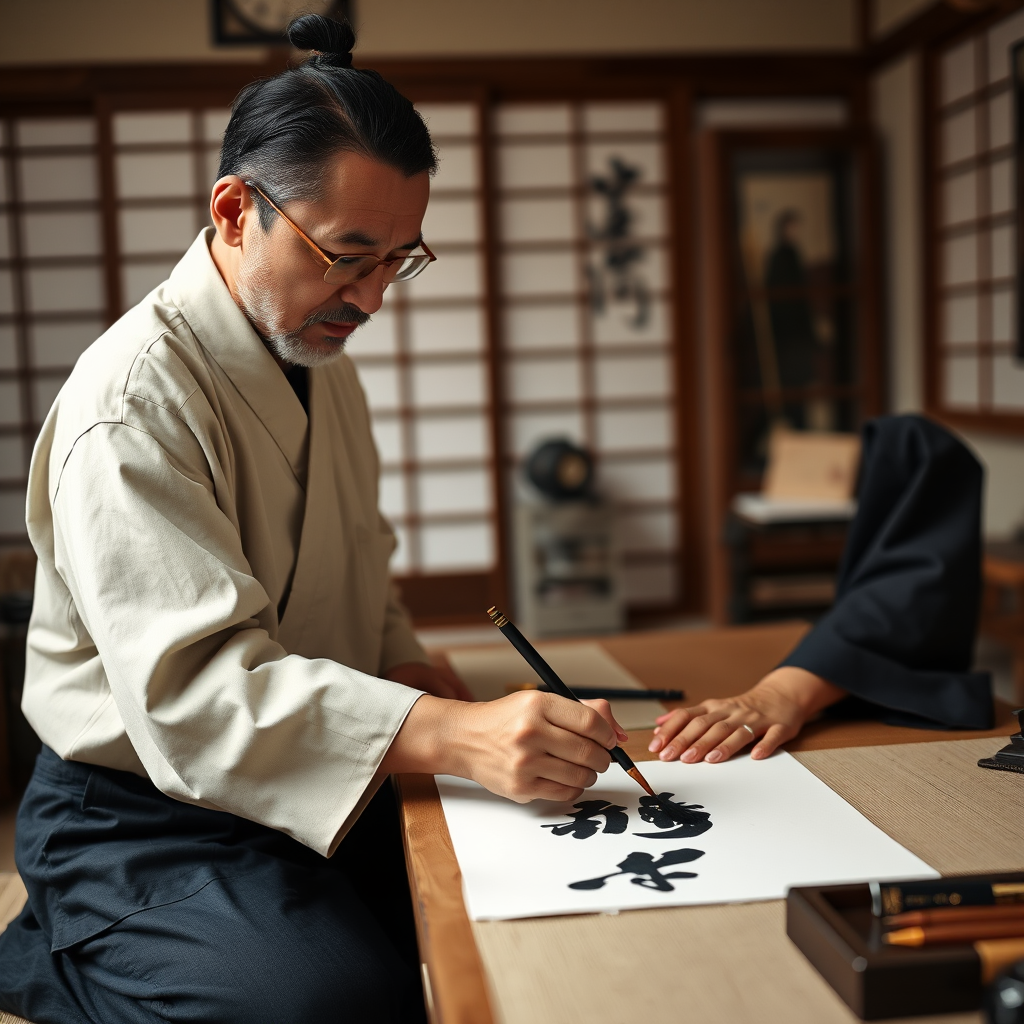 Japanese calligraphy master demonstrating proper brush techniques with traditional black ink on white paper in a serene studio setting