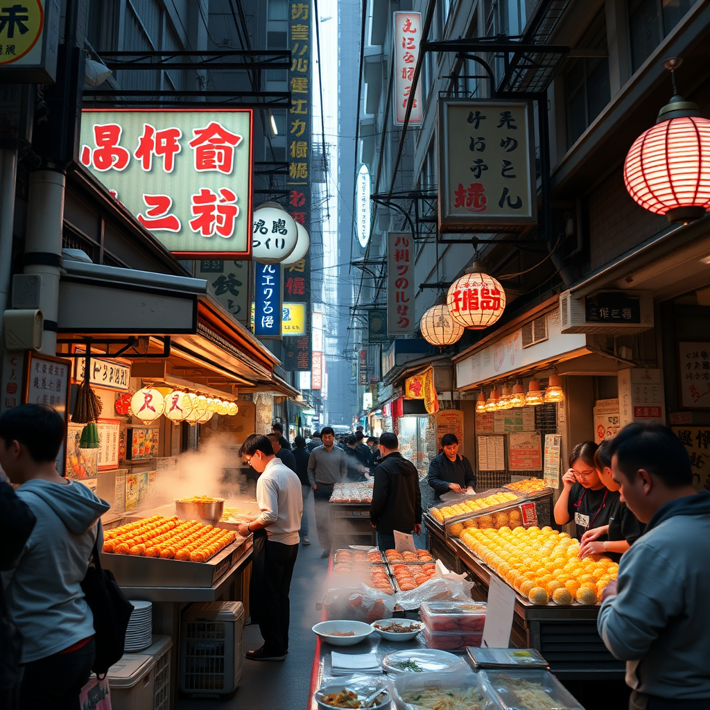 Bustling Tokyo street food market with steaming takoyaki stalls, colorful food displays, neon signs, and vendors preparing traditional Japanese street snacks