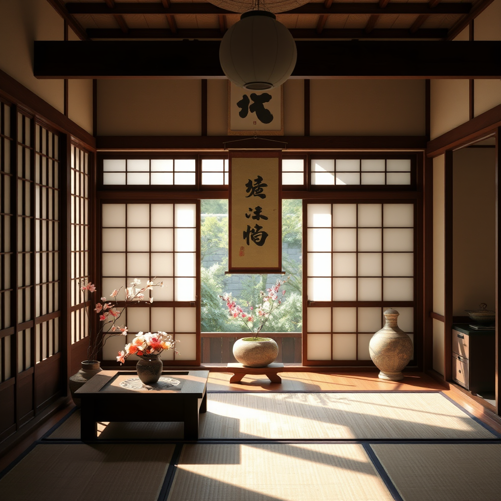 Serene Japanese tea room interior featuring traditional tokonoma alcove with hanging scroll, seasonal flower arrangement, and tatami floor mats in soft natural lighting