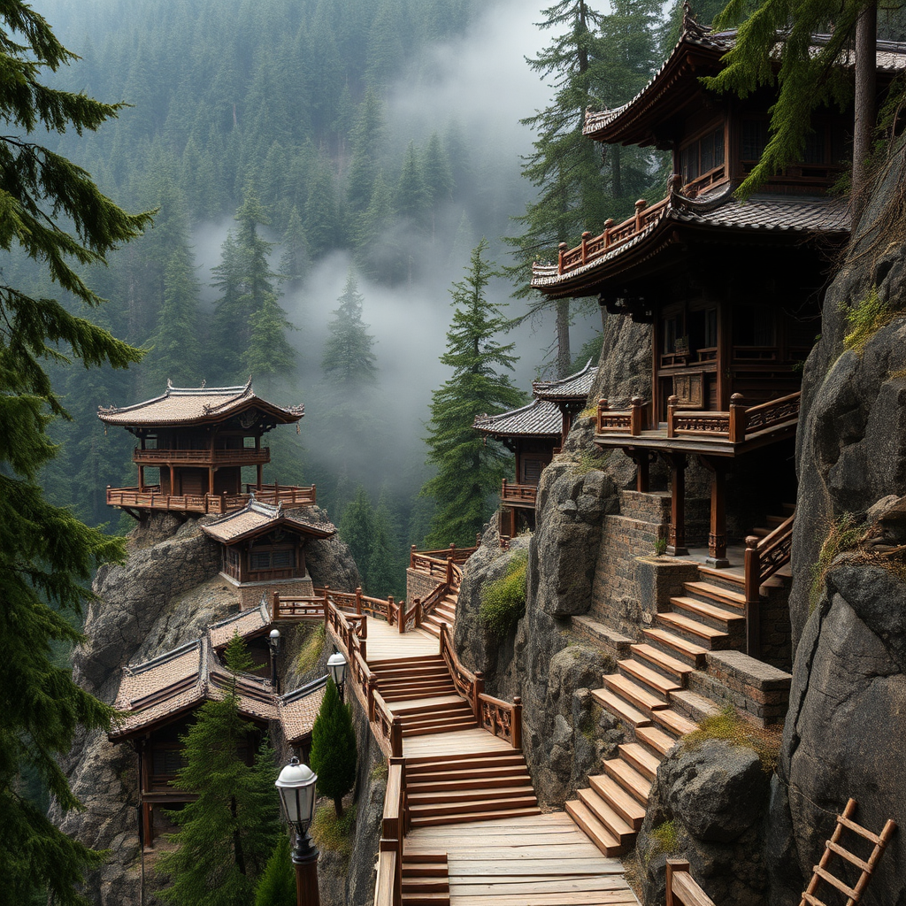 Ancient wooden temple buildings perched on a mountainside with steep wooden stairs winding up through a dense cedar forest, morning mist floating between the trees