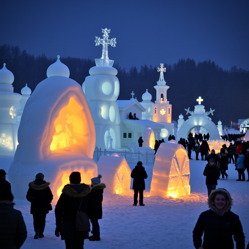 Illuminated snow sculptures and ice art installations at winter festival with warm golden lights reflecting on snow, visitors in winter coats admiring the displays