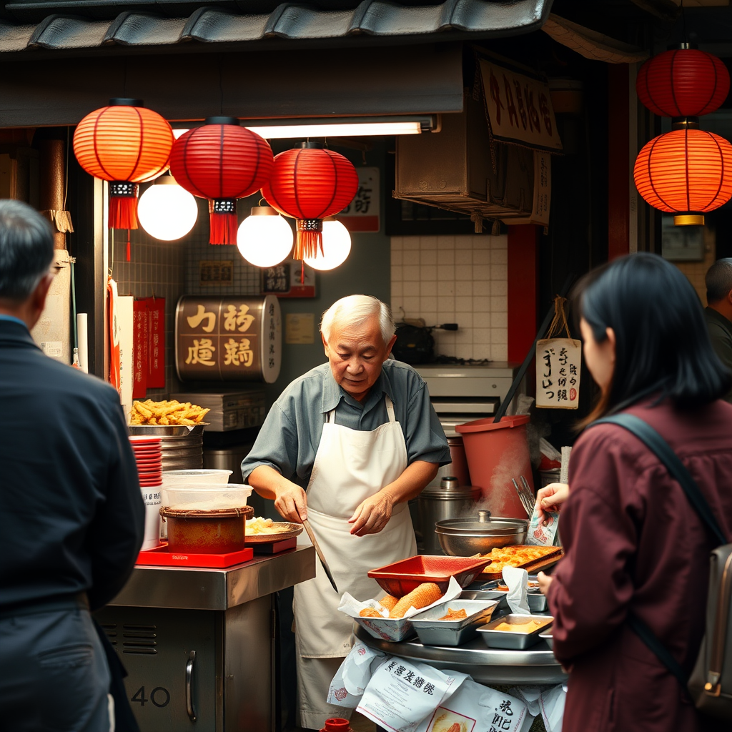 Traditional Japanese street food vendor, an elderly man in a white apron, skillfully preparing food at his small stall decorated with red lanterns and traditional cooking equipment, serving local customers