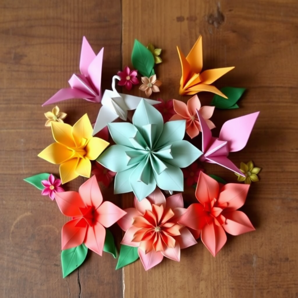 Beautiful arrangement of colorful origami cranes and flowers made from traditional Japanese washi paper displayed on a wooden surface
