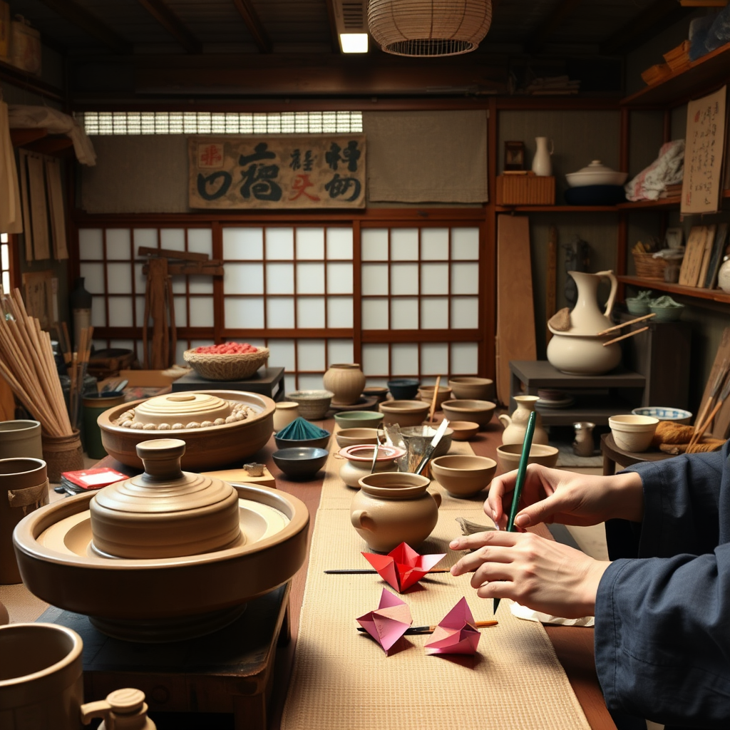 Traditional Japanese crafts workshop with pottery wheels, calligraphy brushes, colorful origami paper, and artisan hands creating beautiful handmade items