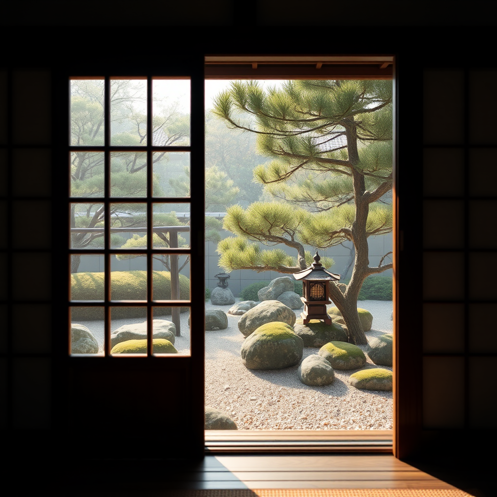 Tranquil view through traditional tea room window showing carefully manicured Japanese garden with stone lantern, moss-covered rocks, and pruned pine trees in soft morning light