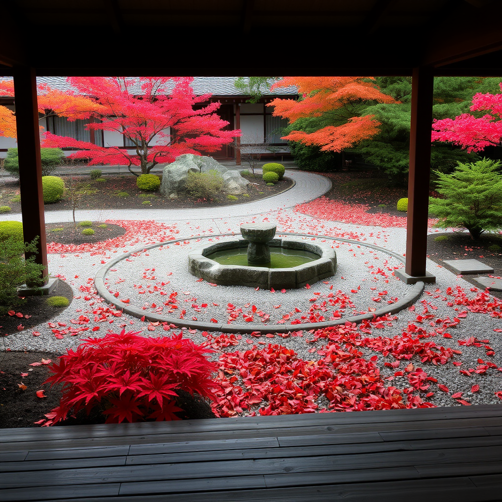Meticulously maintained Japanese garden with a stone water basin, carefully raked gravel patterns, and brilliant red and orange autumn maple leaves scattered across the ground, viewed from a traditional wooden veranda