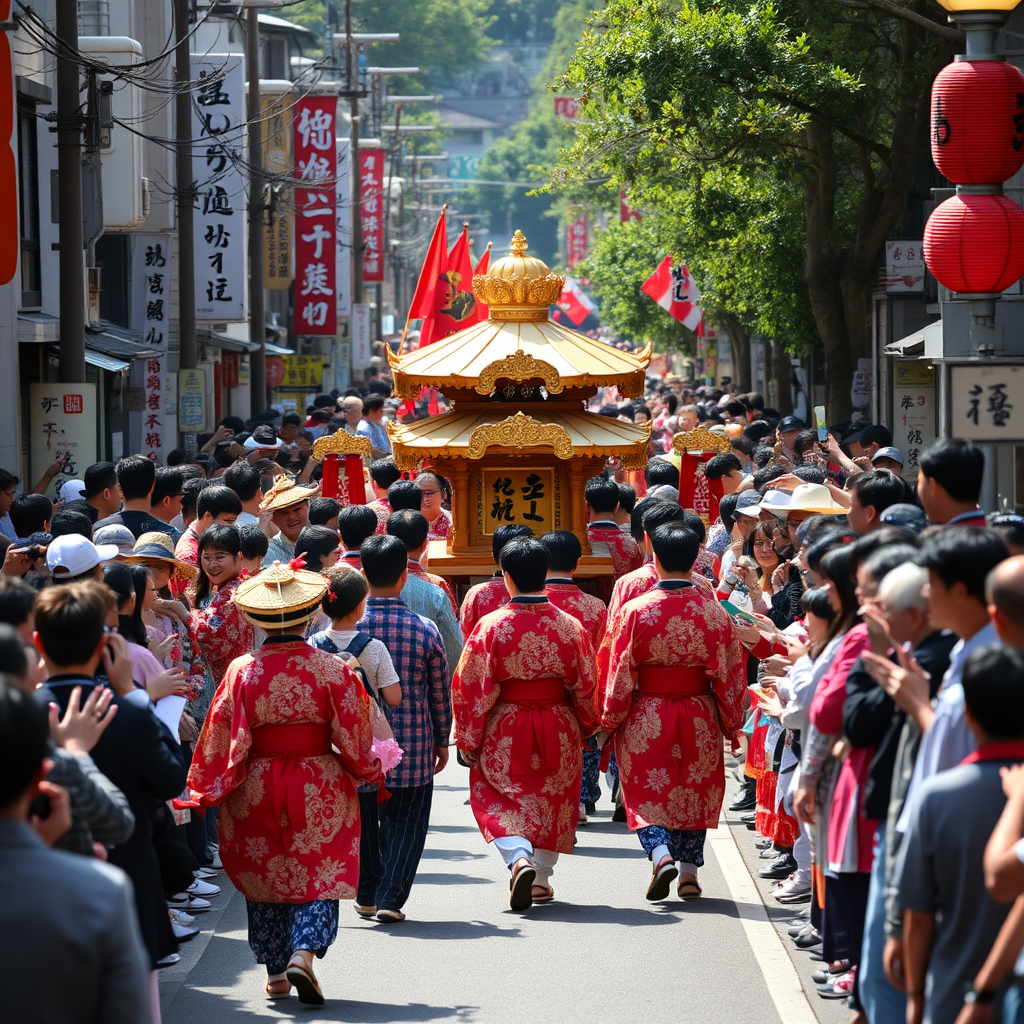 Traditional Japanese festival participants in colorful happi coats carrying portable shrine mikoshi through crowded street, spectators lining the sides cheering