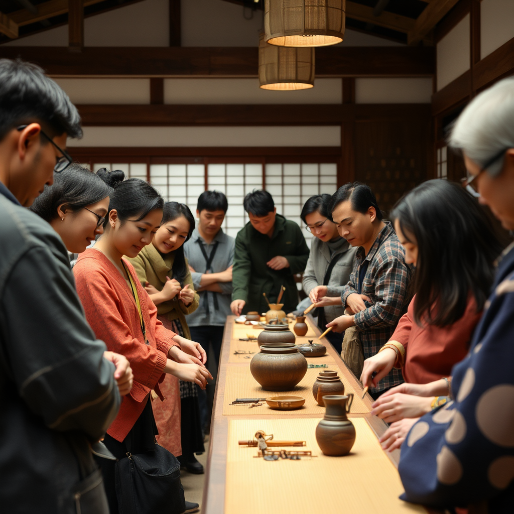 Diverse group of international visitors participating in traditional Japanese crafts workshop with master artisans in an authentic cultural setting